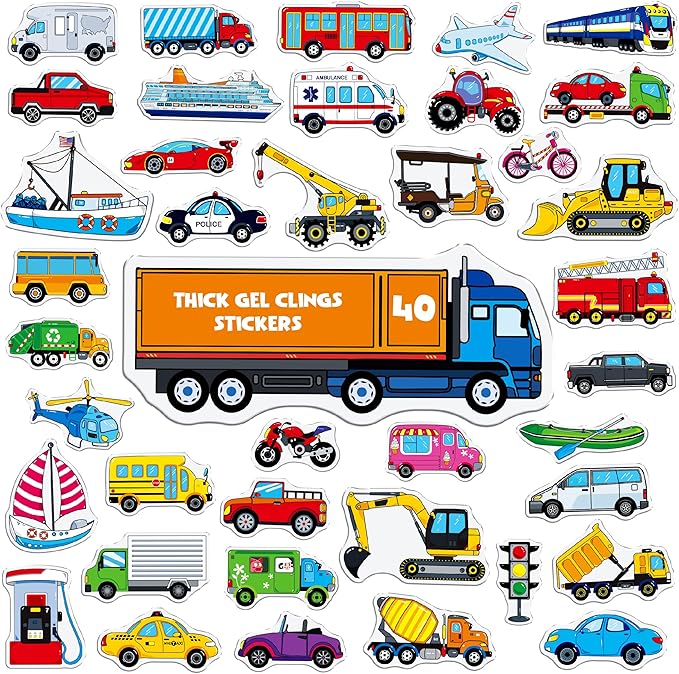 40PCS Vehicle Jelly Stickers, Transportation Tools Thick Window Door Clings Removable Reusable Gel Decals for Kids Toddlers Adults Home Classroom Nursery Party Supplies (Not Edible)