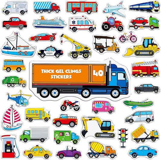 40PCS Vehicle Jelly Stickers, Transportation Tools Thick Window Door Clings Removable Reusable Gel Decals for Kids Toddlers Adults Home Classroom Nursery Party Supplies (Not Edible)