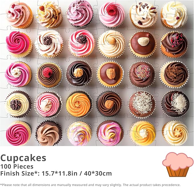 100 Pieces Jigsaw Puzzles, Large Pieces, Puzzles for Beginners, Easy Puzzles for Kids and Seniors, Family Game Nights, Finish Size 15.7 x 11.8 in (Cupcakes)