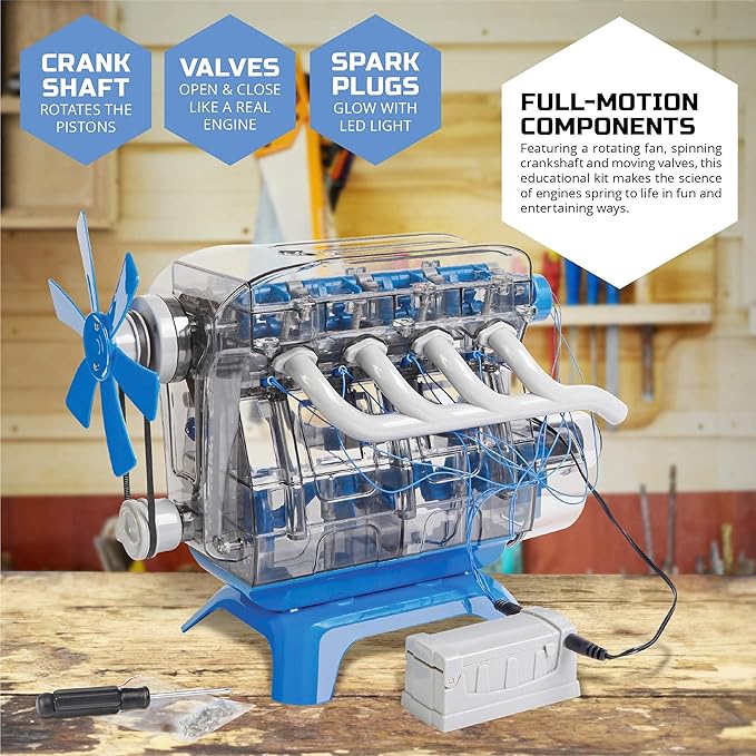 Discovery Model Engine Building Kit, DIY 4-Cylinder Combustion Engine, Working Pistons Fan Valves Belts LED Lights, STEM Mechanic Engineering Construction Experiment Set, Kids & Adults Gift