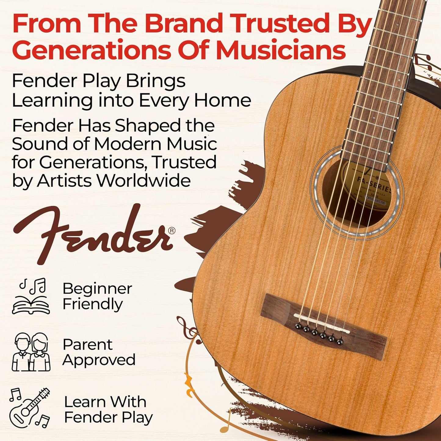 Fender FA-15 3/4-Scale Kids Steel String Acoustic Guitar - Natural Bundle with Gig Bag, Tuner, Strap, Picks, Fender Play Online Lessons, and Austin Bazaar Instructional DVD
