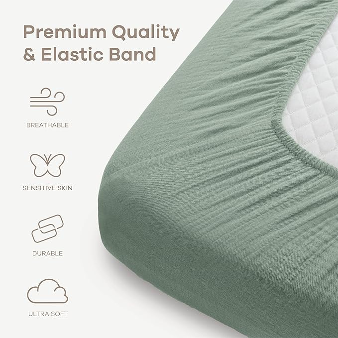Comfy Cubs 100% Muslin Cotton Fitted Crib Sheet - Soft, Standard & Breathable Crib Sheets for Toddler Mattress - Snug Fit, Secure Elastic with Beautiful Packaging for Boys & Girls - Fern