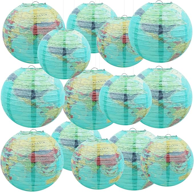 14Pcs World Map Paper Lanterns Classroom Decorations 10 in and 8 in Classroom Hanging Ceiling Decor Earth Globe Lantern Fans for Back to School Around Travel Earth Theme Party Decor Supplies