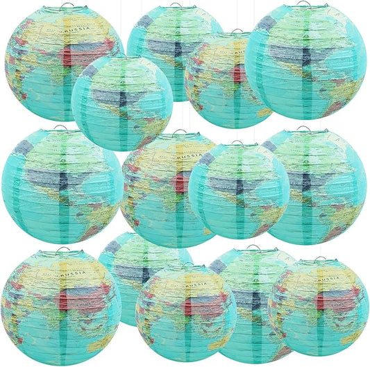 14Pcs World Map Paper Lanterns Classroom Decorations 10 in and 8 in Classroom Hanging Ceiling Decor Earth Globe Lantern Fans for Back to School Around Travel Earth Theme Party Decor Supplies