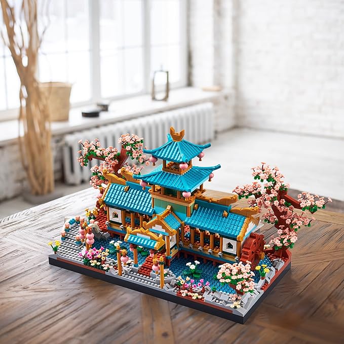 JXRLMB Chinese Classical Suzhou Gardens Micro Building Blocks Sets with Sakura Cherry Tree Challenging Construction Set for Adults, Home and Office Decoration, Gift for Kids Age of 14+ 2350 pcs