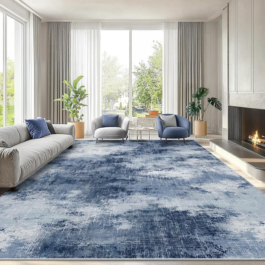 Amada 9x12 Large Area Rugs, Modern Living Room Rugs with Non-Slip Backing & Short Pile, Washable Rug with Abstract Pattern for Living Room, Bedroom and Dinning Room, Dark Blue