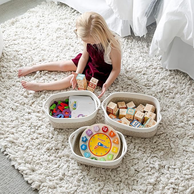 NaturalCozy 5-Piece Rectangle Storage Basket Set- Natural Cotton Rope Woven Baskets for Organizing! Small Basket for Montessori, Baby Nursery, Dog Toy Baskets, Cat Toy Box, Bathroom Organization Bin