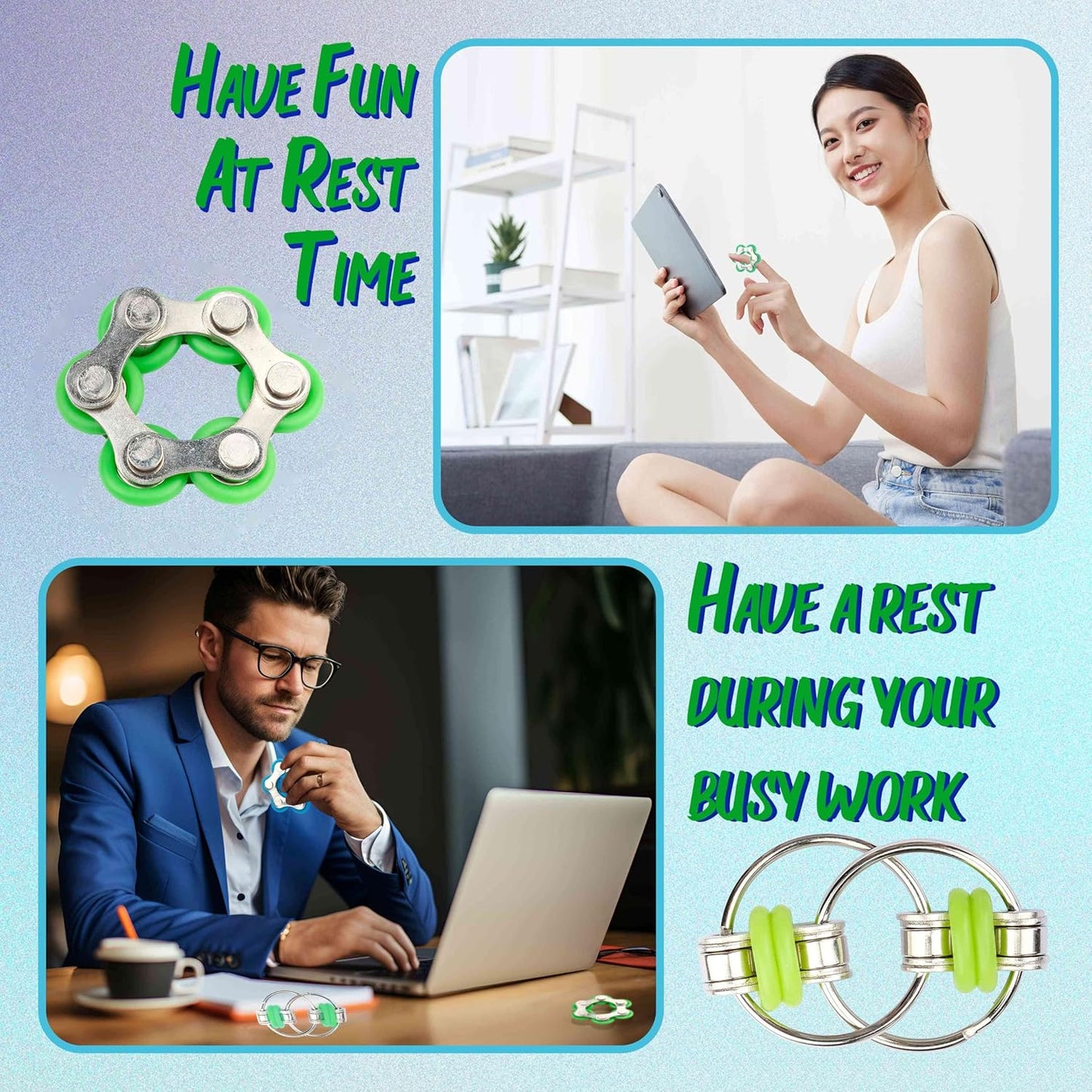 Sensory Fidget Toy 10 Set All Green Roller Bike Chain Fidget Spinner and Marble Fidget Stress Pea Pod Stress Relief Tools, Spiky Sensory Finger Ring for Kids and Adults with Attention Disorder