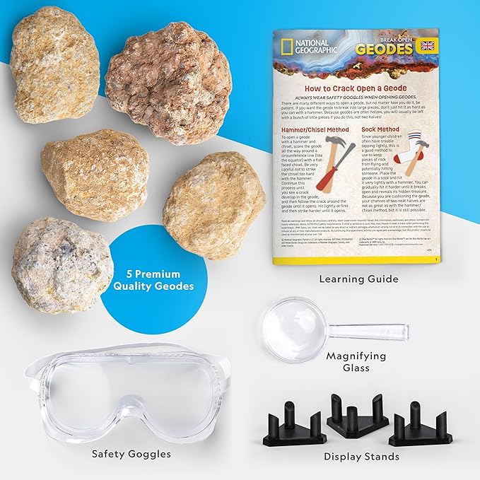 National Geographic Break Open 5 Jumbo Geodes - Earth Science Kit with 5 Premium, Extra-Large Geodes with Crystals, Goggles & Display Stands, Science Gifts, Fun Stuff for Kids (Amazon Exclusive)