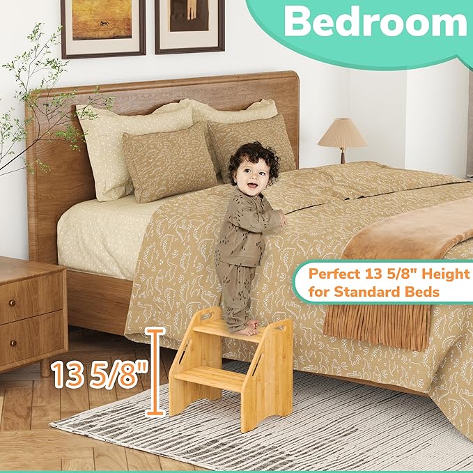 AMBIRD Wooden Step Stool, 15.75'' H Potty Training Toddler 300 lbs Capacity with Safety Non-Slip Pads and Handles, Kitchen Step Stools for Kids, Bamboo Step Stool for Bathroom, High Beds (Natural)