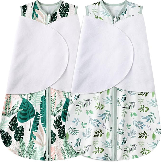 Newborn Sleep Sack Baby Swaddle,3-6 Months,3-Way Adjustable Wearable Blanket,100% Rayon Cotton Swaddling Sleeping Bag，TOG 0.5（Banana&Leaf）