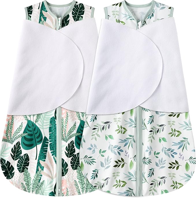 Newborn Sleep Sack Baby Swaddle,6-12 Months,3-Way Adjustable Wearable Blanket,100% Rayon Cotton Swaddling Sleeping Bag，TOG 0.5（Banana&Leaf）