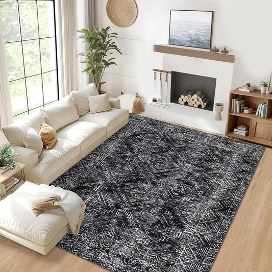 COZYLOOM Area Rug 6x9 Washable Rug for Bedroom Office Dining Room Living Room Vintage Non Slip Large Area Rug Geometric Soft Throw Low Pile Stain Resistant Carpet, Black