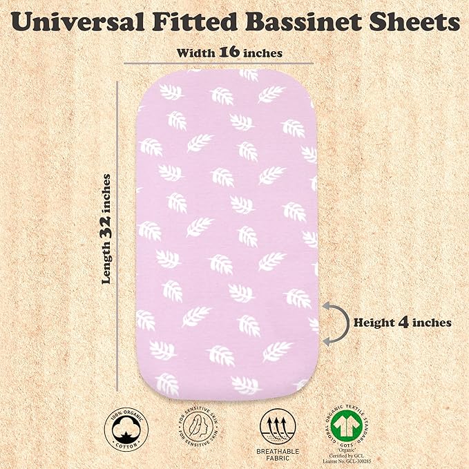 3-Pack Organic Jersey Cotton Bassinet Fitted Sheets – Fits 32 x 16 x 4 Inch Pads – Compatible with Halo, Snoo, Graco, Dream On Me, Delta – for Oval, Hourglass, and Rectangular Bassinet Mattresses