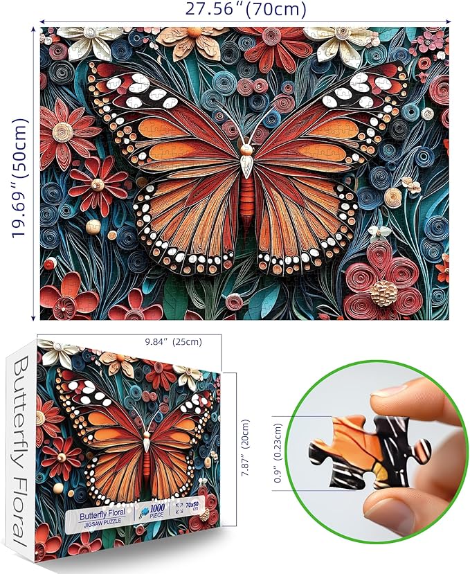 1000 Piece Puzzle for Adults - Butterfly & Flowers Paper Quilling Art Jigsaw Puzzles, Challenging Nature Scene, Family Game Night, Wall Art Decor (27.5x19.7 Inch)