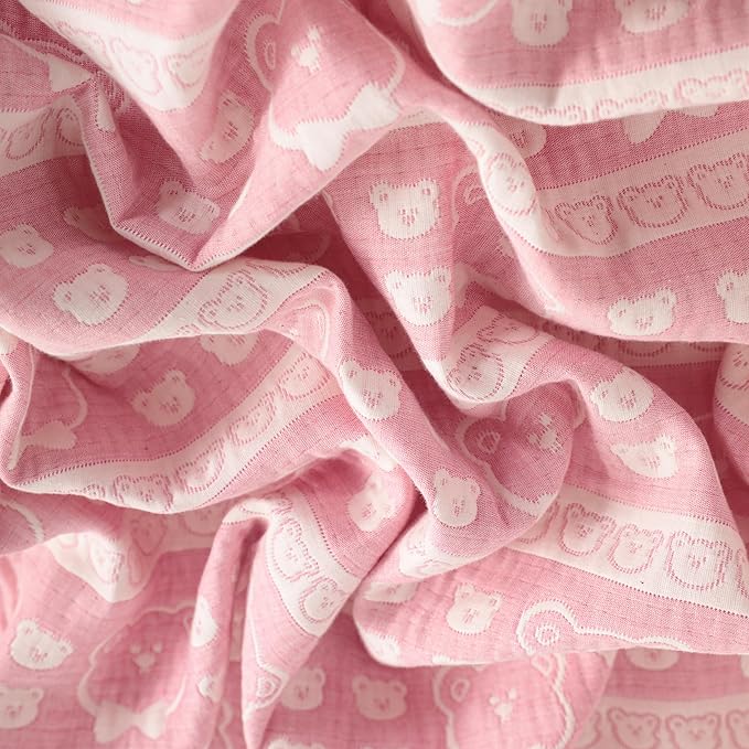 NTBAY 3 Layer Muslin Cotton Toddler Blanket, Jacquard Reversible Nursery Bed Blanket, Super Soft and Thermal for All Seasons, Decoration Gift, 30"x40", Pink Bear