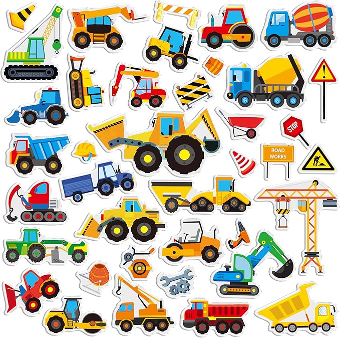 39PCS Construction Vehicle Jelly Stickers, Removable Reusable Thick Engineering Vehicles Cling Gel Decal for Window, Door, Home, Classroom, Nursery, Party Supplies, Kids, Toddlers, Adults (Not Edible)