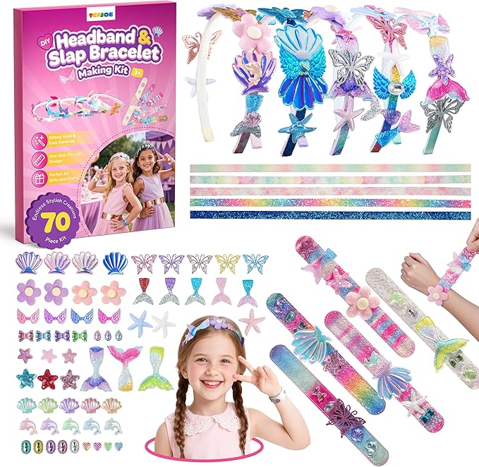 TECJOE DIY Headband Making Kit, Including Headbands & Slap Bracelets, DIY Hair Accessories Set, Arts and Crafts Gifts for Girls, Girl Toys for Age 3–10