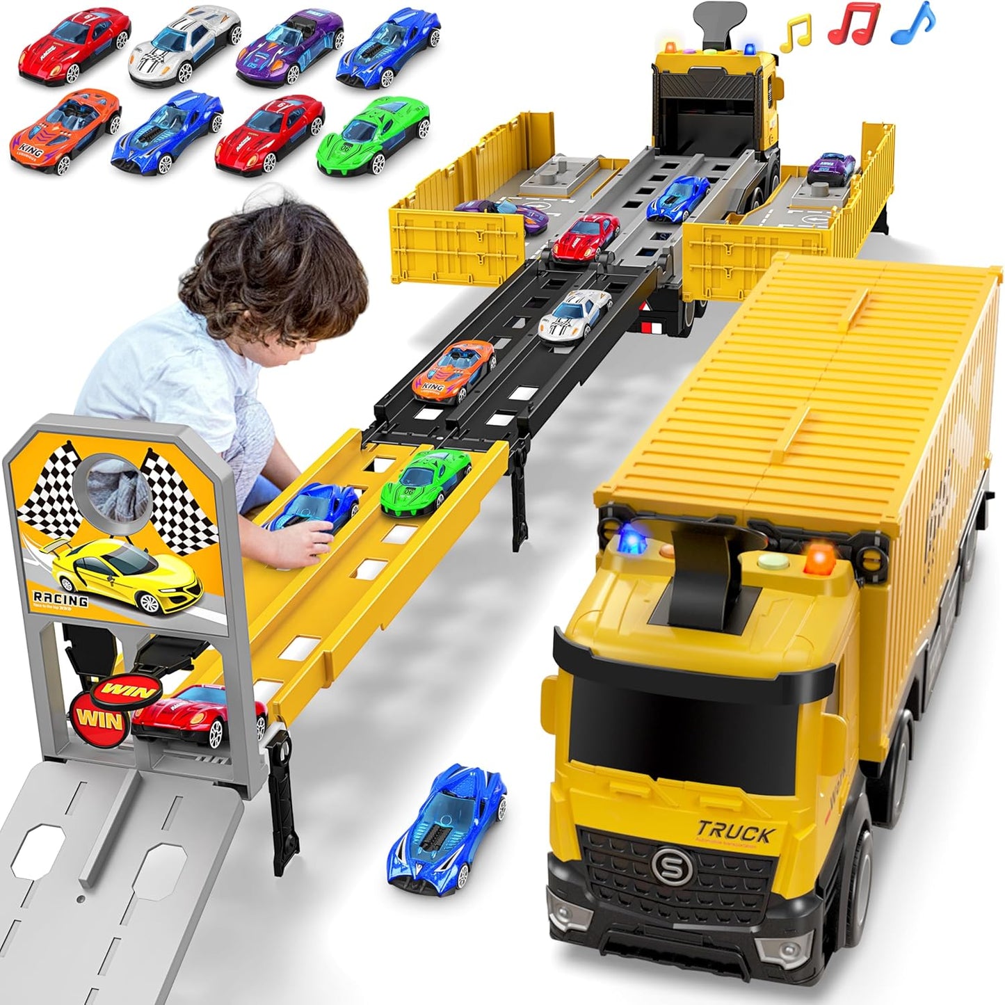 Carrier Truck Race Track Kids Toys, Foldable 3 Layer Toddler Track Playset, Toy Truck Transport Car Carrier & 8 Race Cars, Truck Car Toddlers Toys B-Day Gifts for Age 3 4 5 6+ Years Old Boys Girls