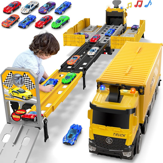 Carrier Truck Race Track Kids Toys, Foldable 3 Layer Toddler Track Playset, Toy Truck Transport Car Carrier & 8 Race Cars, Truck Car Toddlers Toys B-Day Gifts for Age 3 4 5 6+ Years Old Boys Girls
