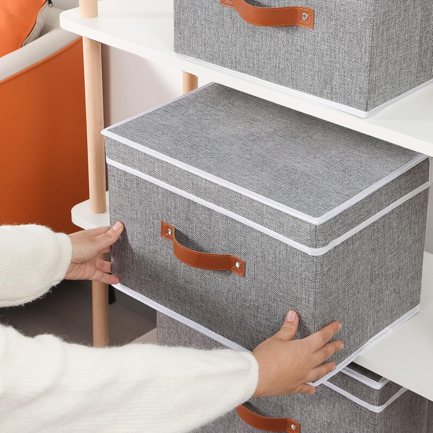 Collapsible Storage Bins with Lids, Linen Foldable Cloth Baskets, 17.7 x 11.8 x 11.8 Inch Closet Organizer Containers with Double Handles, Sweater Boxes for Bedroom, Grey, 1 Pack