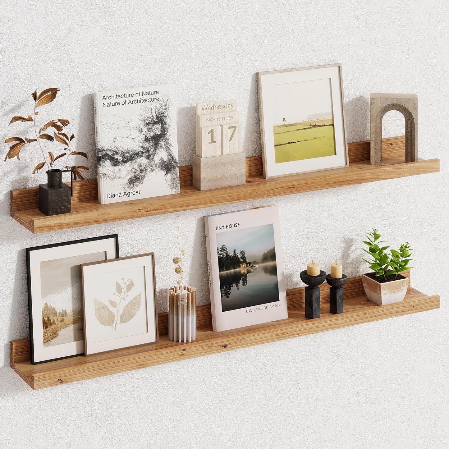 Fun Memories Picture Ledge Shelf, 36 Inch Floating Shelves for Wall, Nursery Bookshelf for Storage, Rustic Elm Wood Photo Ledge Shelves for Bedroom, Living Room, Kitchen (Natural, 36in Set of 2)