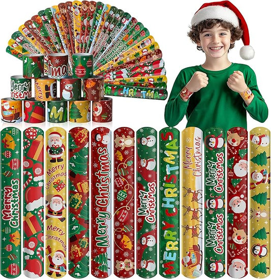 Childom 36 Pcs Christmas Slap Bracelet,Xmas Bracelet Gifts,Christmas Decorations,Birthday Goodie Bag Stuffers for Party Favors,Bracelets Bulk for Birthday Holiday School Classroom Prizes Outdoor