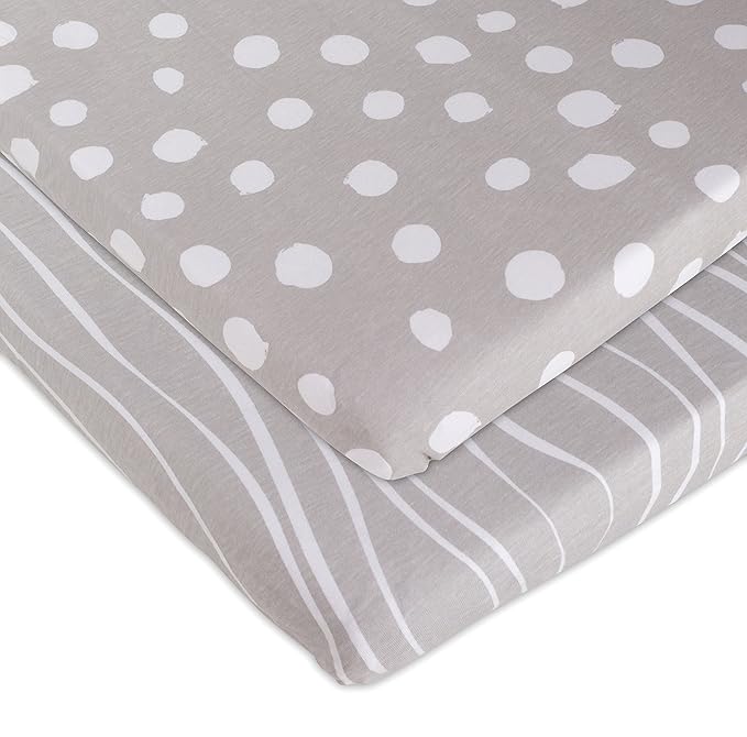 Bassinet Sheet Set 2 Pack 100% Jersey Cotton Grey and White Abstract Stripes and Dots by Ely's & Co.