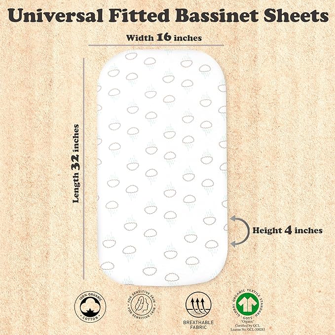 3-Pack Organic Jersey Cotton Bassinet Fitted Sheets – Fits 32 x 16 x 4 Inch Pads – Compatible with Halo, Snoo, Graco, Dream On Me, Delta – for Oval, Hourglass, and Rectangular Bassinet Mattresses