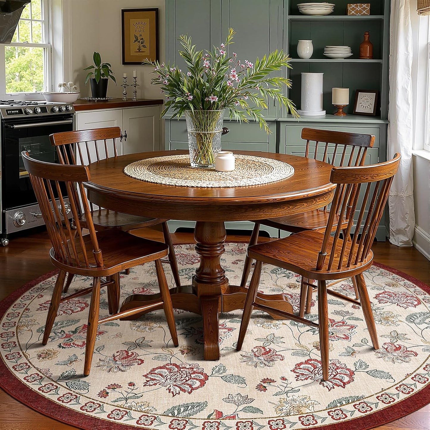 jinchan 7ft Floral Round Rug for Dining Room Washable Living Room Rug Vintage Romance Design Non Slip Indoor Floor Cover Lightweight Low-Profile Throw Carpet for Bedroom Porch Patio, Red/Beige