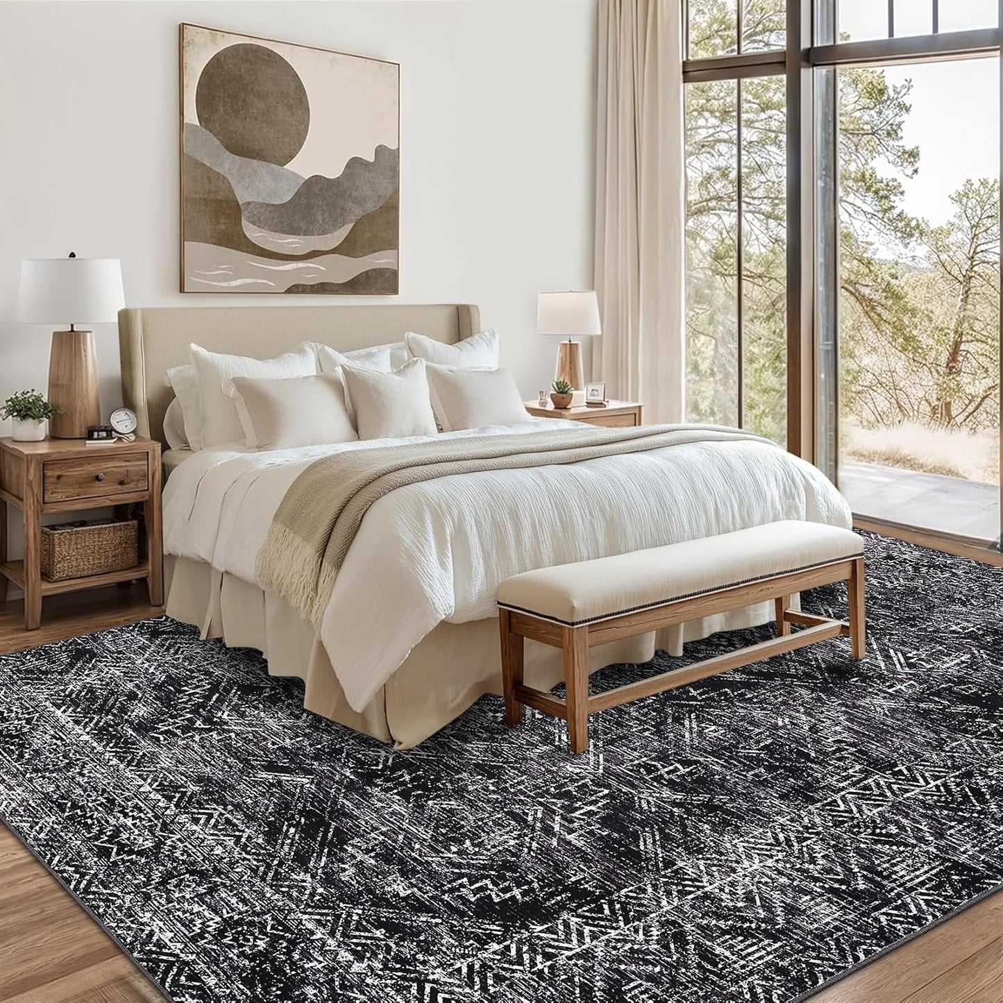 COZYLOOM Area Rug for Bedroom 5x7 Machine Washable Rugs for Living Room Modern Abstract Floor Cover Non Slip Low Pile Geometric Mats Stain Resistant Soft Carpet for Dining Room, Black