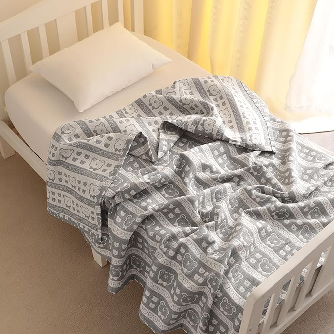 NTBAY 3 Layer Oversized Muslin Cotton Toddler Blanket, Jacquard Reversible Nursery Bed Blanket, Super Soft and Thermal for All Seasons, Baby Gift, 45"x60", Dark Grey Bear