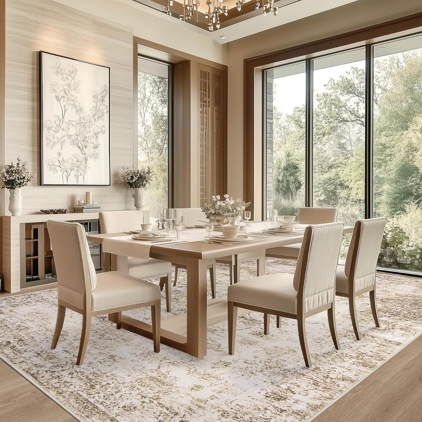 8x10 Area Rug Living Room Rugs - Washable Rug Large Modern Abstract Soft Thin Carpets Indoor Floor No Slip Vintage Carpet for Bedroom Under Dining Table Nursery Home Office Decor Beige