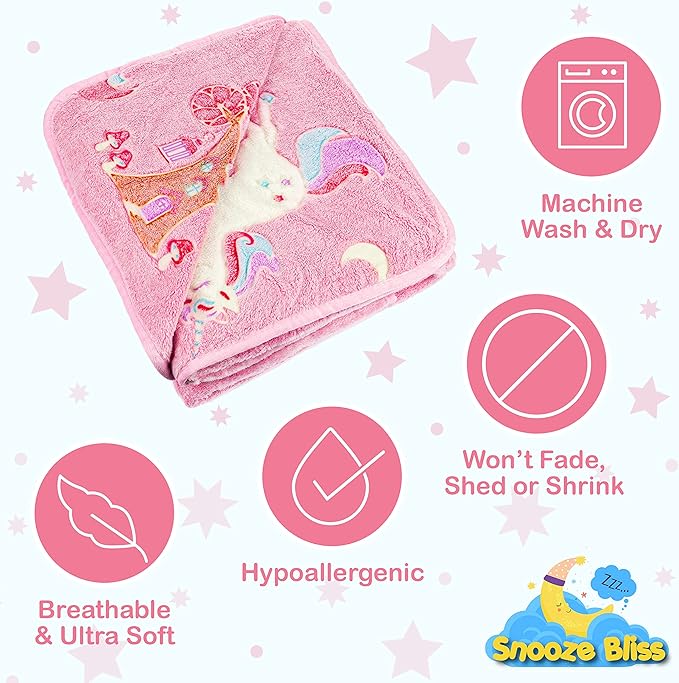 Glow in The Dark Unicorn Blanket for Girls – Soft Pink Fleece Throw. Great Christmas, Birthday, Baby, Toddler Unicorn Gifts for Girls, Fairy, Butterfly, Stars. Bright Long-Last Glow