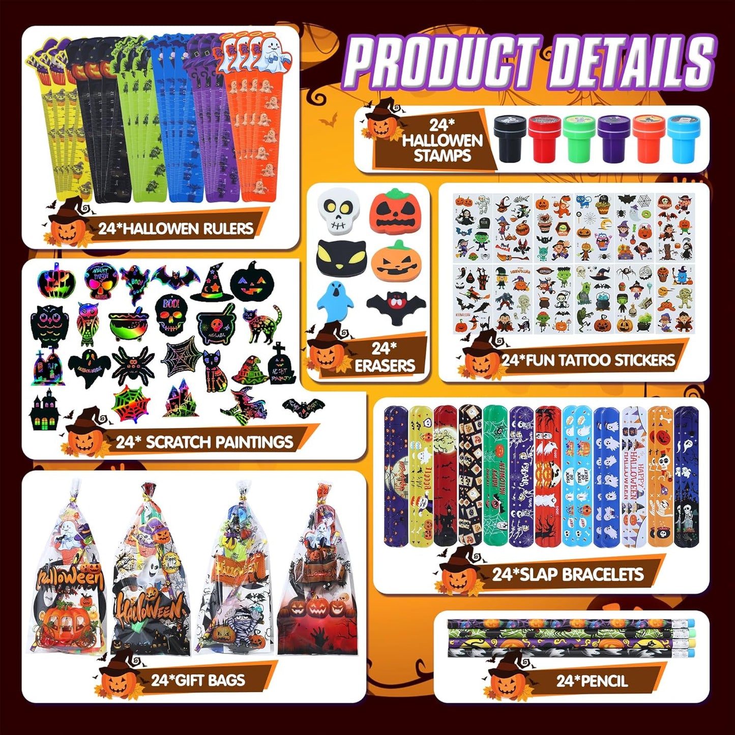 192Pcs Halloween Favors Stationery Gift Set, Trick or Treat Gifts for Kids, 24 Pack Halloween Party Favors for Kids Classroom Prizes Bulk Halloween School Supplies Goodie Bag Stuffers Fillers.