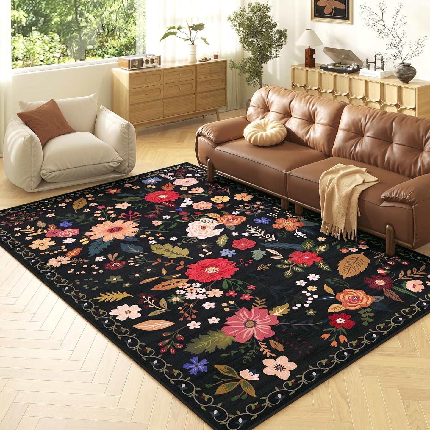 5x7 Washable Rug for Living Room, Floral Black Area Rug, Non Slip Low Pile Soft Flower Carpet, Large Rugs for Bedroom, Dining Room, Office, Kids Playroom, Nursery