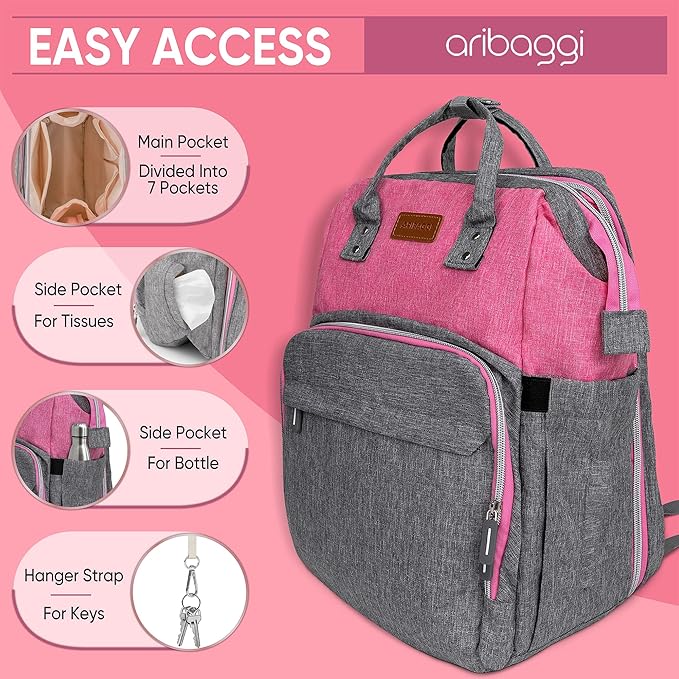 Grey Pink Baby Diaper Bag Backpack with Changing Station for Boy & Girl, Multifunction Large Diaper Bag Backpack for Mom, waterproof travel diaper bag for women, pañaleras para bebe niña
