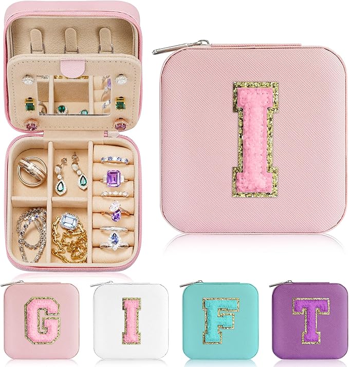 Parima Small Jewelry Box for Girls, Travel Initial Jewelry Boxes for Girls | Small Jewelry Organizer Box | Travel Jewelry Case Organizer - Letter I, Pink