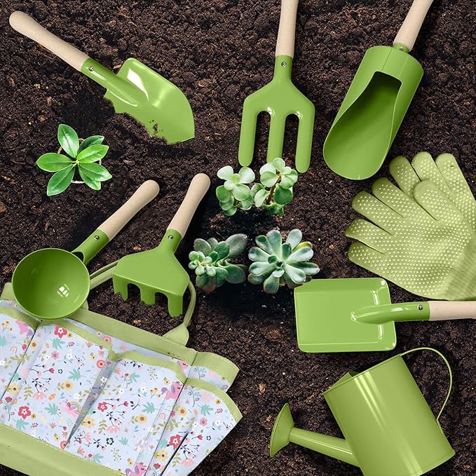 Kids Gardening Set 14Pcs Gardening Tools for Kids with Tote Bag,Watering Can, Shovel, Apron, Garden Book and More Educational STEM Learning Outdoor for Toddlers Boys Girls (Green-1)