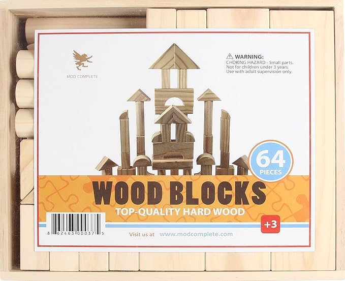 Standard Unit Building Blocks for Toddlers with Storage Tray (64 Pcs) Sanded Wood Blocks for Children, Original STEAM, and STEM Learning, Classic Wooden Toys for Kids Parties and Classrooms