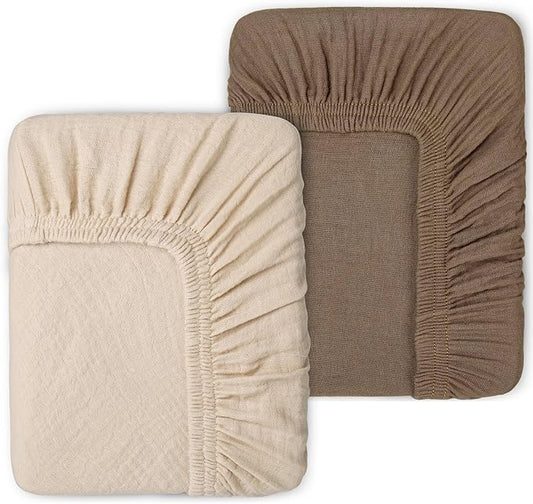 Muslin Mini Crib Sheets for Girls & Boys-2 Pack 24"x 38" Soft Baby Mattress Sheets Fitted-No Slip Neutral Toddler Cotton Bedding-Nursery Décor Taupe Brown & Light Beige