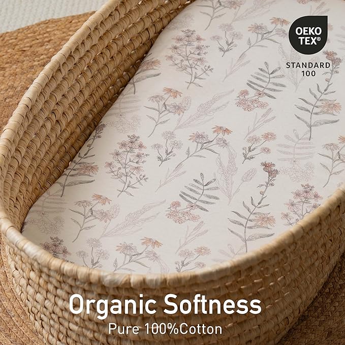Gllquen Baby Bassinet Sheets 2 Pack, 100% Organic Cotton Bassinet Fitted Sheets for Girls Boys, Soft & Breathable Unisex Baby Mattress Sheet for Standard Bassinets 33"x17"(Lineage of Bloom)