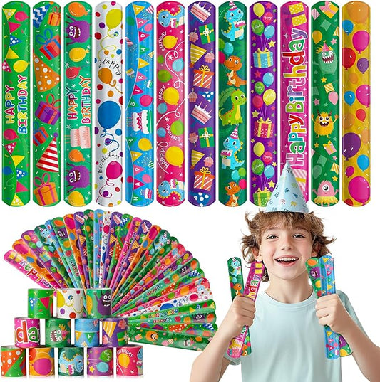 Childom 36 Pcs Birthday Slap Bracelet,Party Bracelet Gifts Birthday Decorations,Holiday Goodie Bag Stuffers for Party Favors,Bracelets Bulk for Home School Classroom Prizes Anniversary Holiday Outdoor