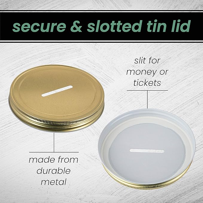 Large Coin Bank Jar with Slotted Gold Lid Holds Over $1,450 in Coins- Used for Piggy Bank and Raffle Ticket Drawing - Glass Money Jar Made in USA - Half Gallon