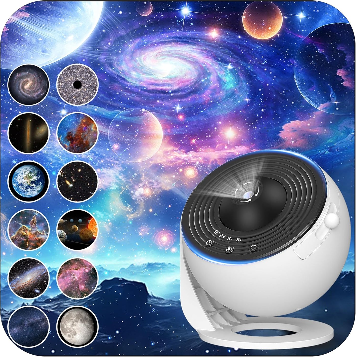 Galaxy Projector for Bedroom, HD Image Star Projector Galaxy Light Adjustable Knob, 13 Film Discs Planetarium Projector for Kids, 360° Rotating 1/2h Timer Simple 3-Button Control