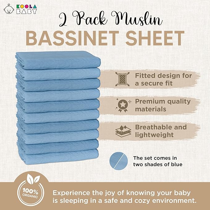 Bassinet Fitted Sheets - Compatible with Amke, Ronbei, Pamobabe, and Nordmiex | 100% Organic Muslin Cotton - Light Blue + Dark Blue | 32x19 (2 Pack)