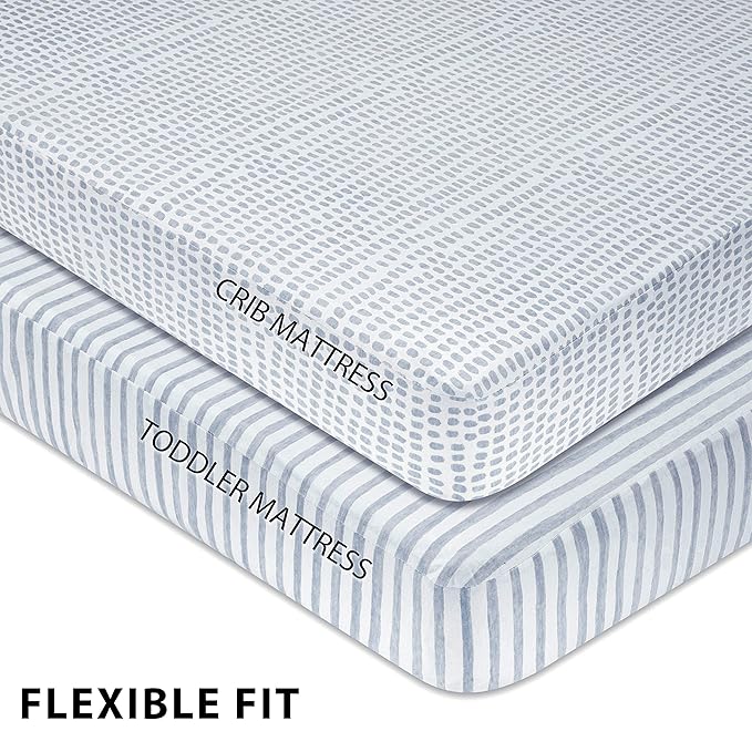 Ely’s & Co. Waterproof Crib Sheet/Toddler Bed Sheets – All-in-One Mattress Protector and Fitted Sheet – Soft Jersey Cotton, Misty Blue Splash & Stripes, Baby Boy Nursery Bedding Essential – 2-Pack
