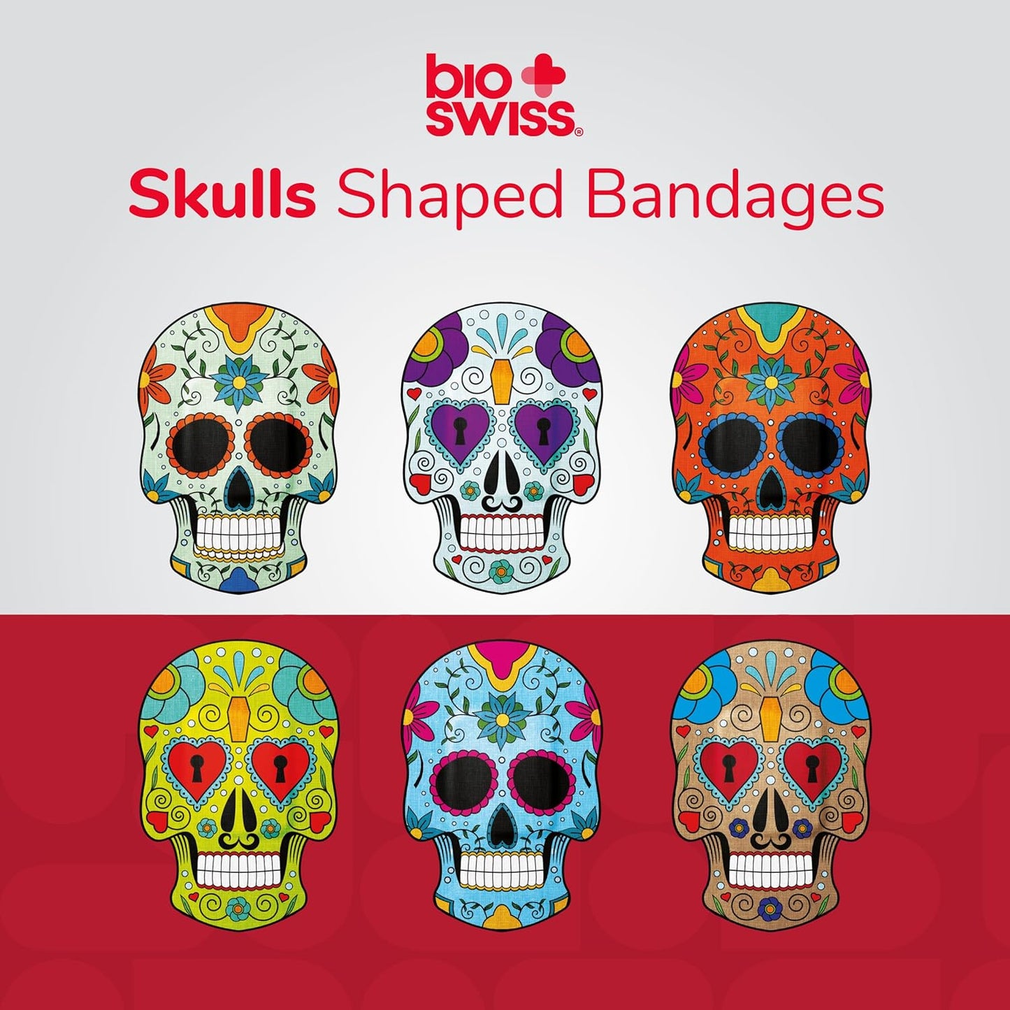 BioSwiss Bandages, Sugar Skull Shaped Self Adhesive Bandage, Latex Free Sterile Wound Care, Fun First Aid Kit Supplies for Kids, 24 Count