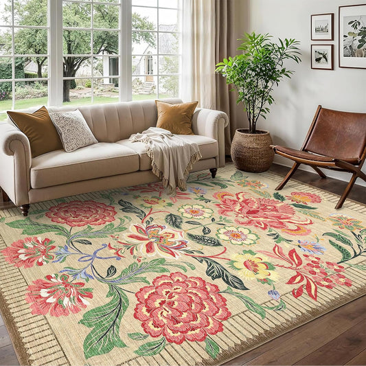 GarveeHome Floral Botanical Washable Rugs 5x7 Area Rug for Living Room, Camel Taupe Brown Vintage Boho Cottage Throw Rugs Low Pile Carpet for Bedroom Dining Nursery Rug
