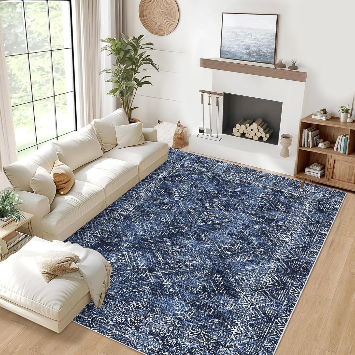COZYLOOM 6x9 Washable Area Rug Vintage Non Slip Low Pile Rug Soft Throw Floor Cover Geometric Tribal Foldable Indoor Carpet for Living Room Bedroom Playroom Nursery, Blue